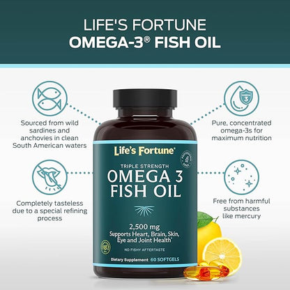 Life's Fortune Fish Oil Omega 3 Concentrate Supplement 2500 mg, 60 Softgels, High Potency, EPA & DHA Fatty Acid - Heart, Brain, Skin, Joints - Non GMO