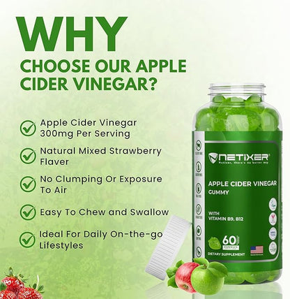 Apple Cider Vinegar Gummies – 350mg Apple Cider Vinegar per Gummy – with Vitamin B9 & B12 – Vegan Pectin Gummies – Individually Wrapped – 60 Gummies