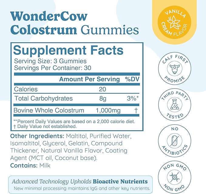 WONDERCOW Colostrum Gummies for Gut Health, Immune Support & Wellness | Natural IgG Whole Bovine Colostrum Supplement, 1,000mg per Serving (90 Gummies (30 Servings), Vanilla Cream)