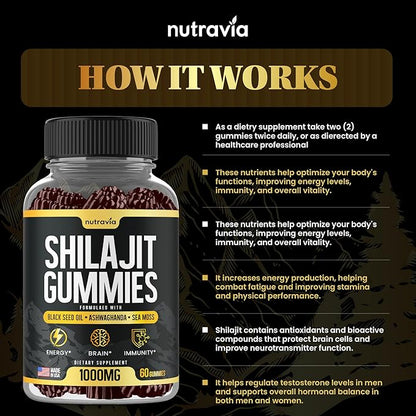 Shilajit Gummies - 3 in 1 with Sea Moss, Black Seed Oil, Ashwagandha - Natural Formula Shilajit Supplement 85+ Trace Minerals, Pure Himalayan Shilajit Gold Gomitas De Shilajit, USA Made (60 Gummies)