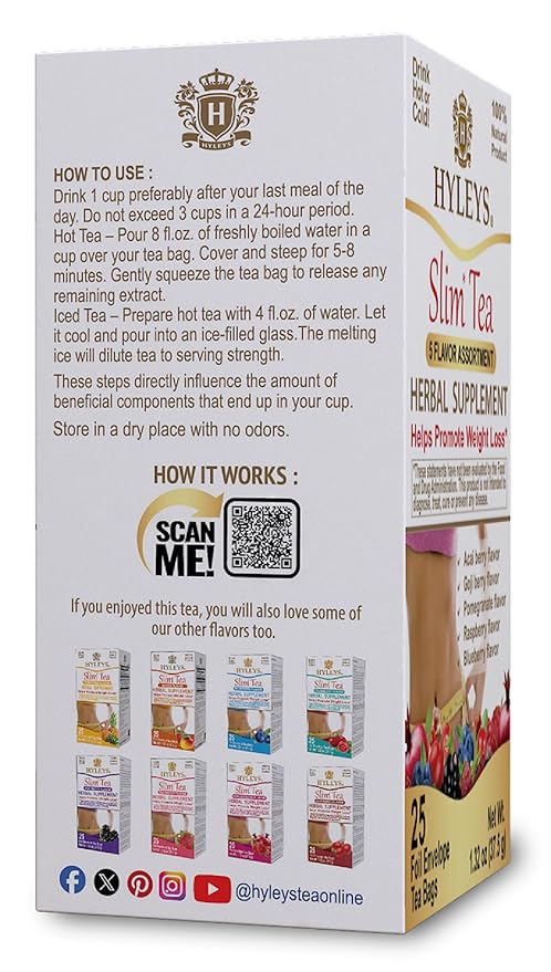 HYLEYS Slim Tea 5 Flavor Assortment - Weight Loss Herbal Supplement Cleanse and Detox - 25 Tea Bags (1 Pack) - Assorted Tea Variety Pack