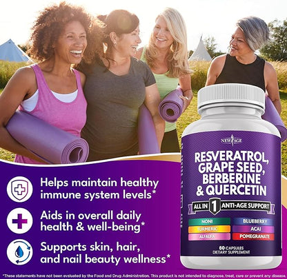 NEW AGE Resveratrol, Berberine, Grape Seed Extract, Quercetin, Polyphenol Supplement for Women and Men with Noni, N-Acetyl Cysteine, Acai - 180 Capsules