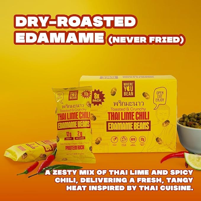 Where You Bean Edamame Beans Snack (Thai Lime Chili) - Crunchy and Dry Roasted Edamame Beans - High Protein Snacks, Keto and Vegan Healthy Snacks for Adults & Low Carb Asian Snack 0.9 oz (Pack of 8)