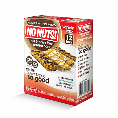 No Nuts! Protein Bar Variety Pack – 12 Count | Nut-Free & School-Safe | Chocolate Chip, Caramel Mocha, Cinnamon Roll & Blueberry Vanilla | Dairy-Free, Vegan, Non-GMO, Organic, Kosher