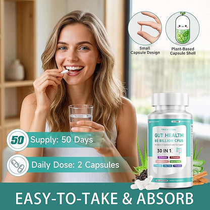 2-Pack Gut Health Capsule Supplement, Supports Microbiome, Leaky Gut, and Digestion, with 80 Billion CFU Probiotics, Prebiotics, Digestive Enzymes, 30-in-1 Gut Health Supplement, 200 Capsules