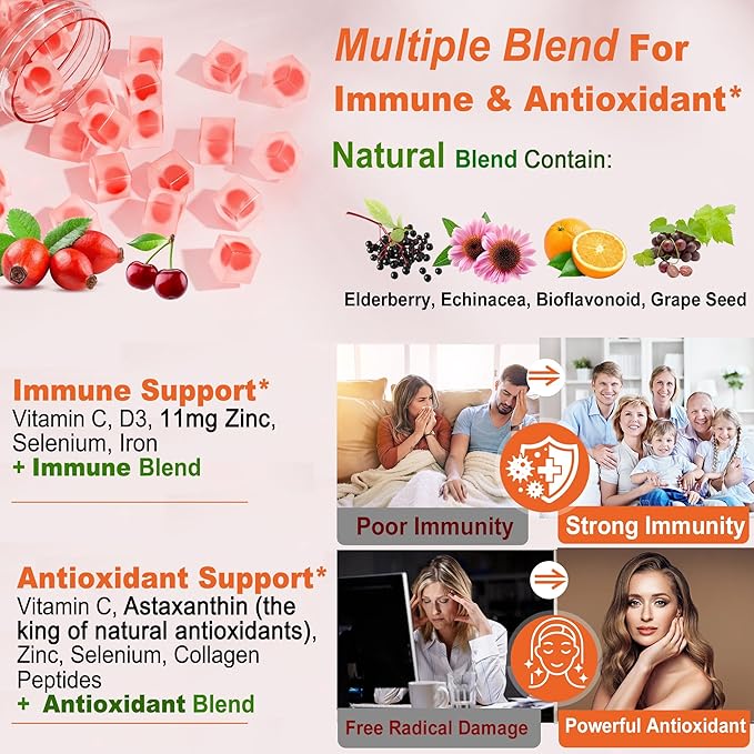 Natural Liposomal Vitamin C 1000mg Gummies for Adults & Kids 9+, Chewable Vitamin C w/ 11mg Zinc, D3, Elderberry, Echinacea, , Bioflavonoid, Immune Support, Whole Food VIT C from Fruits, Sugar Free