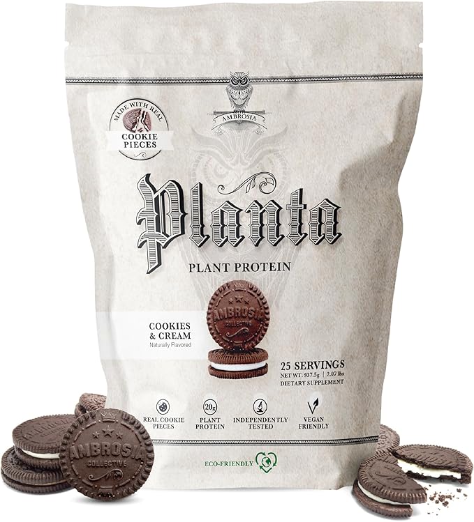 Ambrosia Planta - Plant-Based Protein Powder 20g | Dairy Free Vegan Protein Powder with BCAA Amino Acids | Keto-Friendly, No Added Sugar | 25 Servings | Cookies Cream