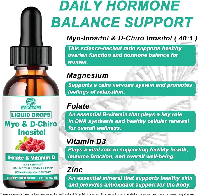 Myo Inositol & D-Chiro Inositol Supplement Liquid for Women- Ideal 40:1 Ratio Inositol Drops with MTHF Folate, Magnesium, Vitamin D, Supports Hormone Balance, Regular Cycles & Ovarian Health丨Vegan