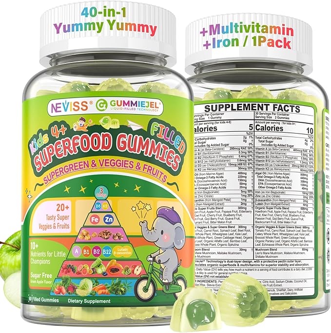 NEVISS Kids 4+ & Teens Super Greens 40-in-1 Gummies w/Multivitamin, Omega3 Iron, D3K2, Picky Eater Organic Super Fruits Veggies Superfood Gummy, Mushroom, Lutein | Immune Bone Brain Energy, Sugar Free