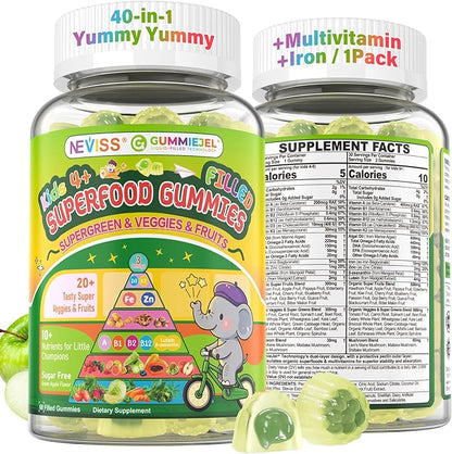 NEVISS Kids 4+ & Teens Super Greens 40-in-1 Gummies w/Multivitamin, Omega3 Iron, D3K2, Picky Eater Organic Super Fruits Veggies Superfood Gummy, Mushroom, Lutein | Immune Bone Brain Energy, Sugar Free