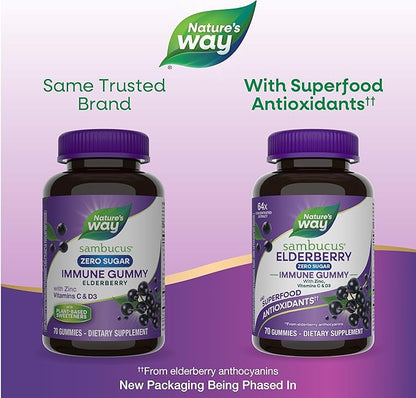 Nature’s Way Sambucus Zero Sugar Immune Gummies, Daily Immune Support*, Black Elderberry Extract, Vitamin C, Vitamin D3, Zinc, Sugar Free, Sugar Alcohol Free, Plant-Based Sweeteners, 70 Gummies