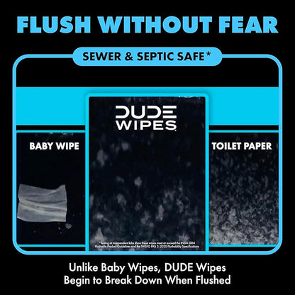 DUDE Wipes Unscented Flushable Wipes - Extra-Large Adult Wet Wipes for Sensitive Skin - 6 Pack (288 Count) - Infused with Vitamin E and Aloe - Septic and Sewer Safe