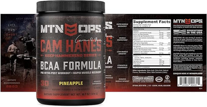 MTN OPS BCAA Powder 2:1:1 Amino Acids Supplement Powder for Rapid Muscle Recovery & Repair with Zero Sugar & Gluten Free - 30-Servings, Pineapple, Cameron Hanes Keep Hammering Series