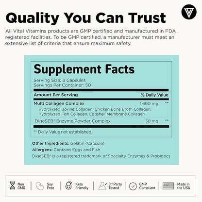 Vital Vitamins Multi Collagen Capsules (2-Pack) - Type I, II, III, V, X - Grass-Fed, Collagen Peptides Supplements, Non-GMO - for Men & Women
