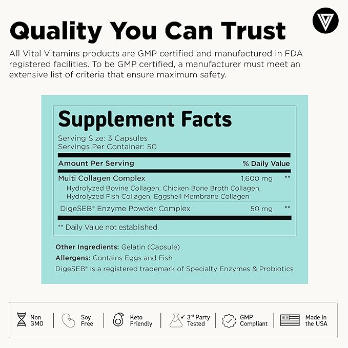 Vital Vitamins Multi Collagen Capsules - Type I, II, III, V, X - Grass-Fed, Collagen Peptides Supplements, Non-GMO - for Men & Women - 150 Count