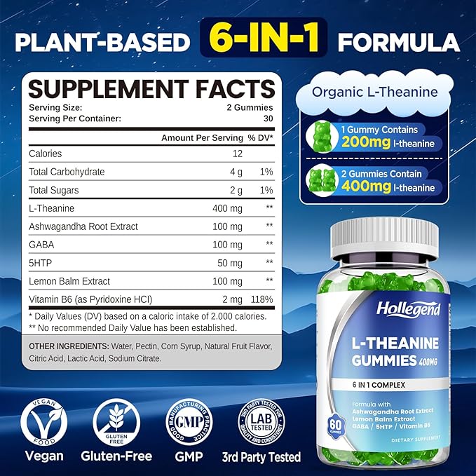 L-Theanine Gummies, l'theanine 400mg with Ashwagandha, GABA, 5HTP,L-Theanine Chewable Supplement for Relax, Zzz & Focus Support, Vegan, Lemon Flavor, 120 Counts