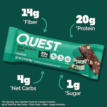Quest Nutrition Mint Chocolate Chunk Protein Bars, 20g Protein, 1g Sugar, 4g Net Carb, High Fiber, Gluten Free, Keto Friendly, 4 Count