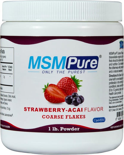 KALA HEALTH MSMPure Strawberry Acai Flavored Coarse MSM Powder Flakes – US-Made MSM for Joint Health, Skin Appearance, and Hair & Nail Support – 1 lb, Organic Sulfur