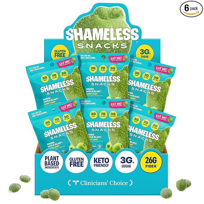 Shameless Snacks - Healthy Low Calorie Snacks, Low Carb Keto Gummies (Gluten Free Candy) - 6 Pack Green Apple Blast