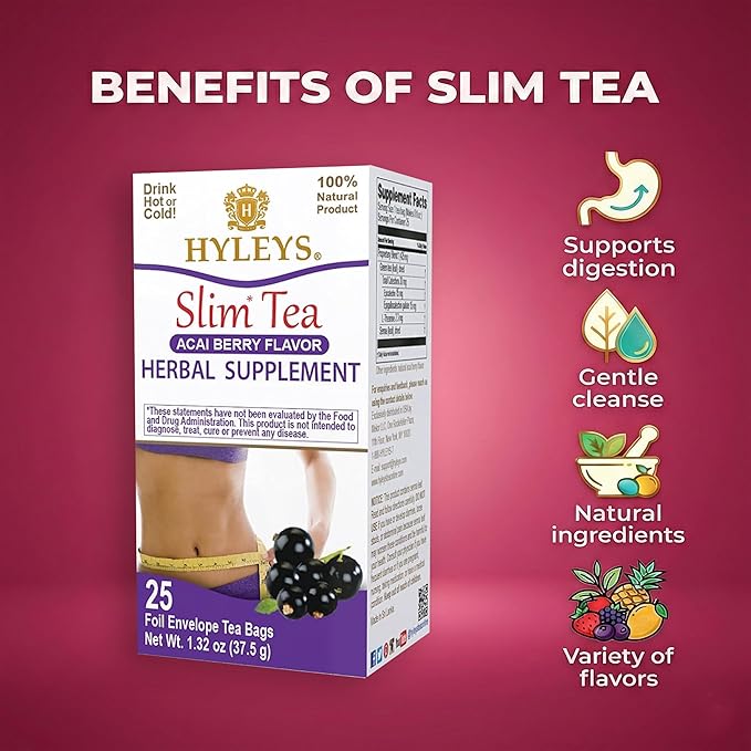 Hyleys Slim Tea Acai Berry Flavor - Weight Loss Herbal Supplement Cleanse and Detox - 25 Tea Bags (12 Pack)