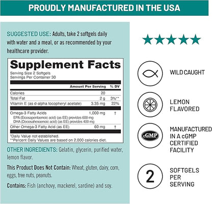 NatureWise Extra-Strength Omega 3 Fish Oil Supplement - 1000mg per Serving - 600 EPA & 400 DHA and Vitamin E - Support for Heart & Brain Health - Lemon Flavor, GMO-Free - 60 Softgels[1-Month Supply]