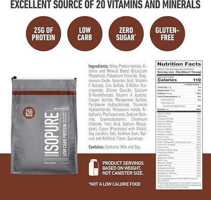 Isopure Low Carb 100% Pure Whey Isolate Protein Powder, Gluten Free, With Vitamins, Dutch Chocolate, 25g Protein Per Serving, 7.5 Lbs, 103 Servings (Packaging May Vary)