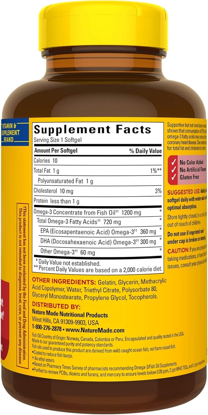 Nature Made Burp-Less Fish Oil 1200 mg One Per Day, 120 Softgels, Fish Oil Omega 3 Supplement for Heart Health (Pack of 3)