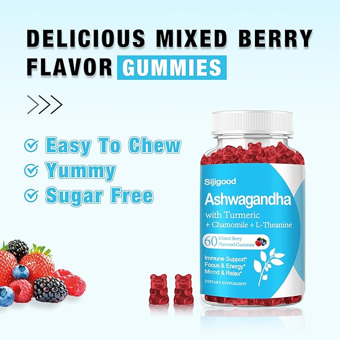 Ashwagandha Gummies with L-theanine, Ashwa Root Supplement Gummy for Women Men, 60 Mixed Berry Flavored Gummies