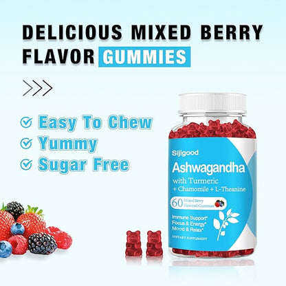Ashwagandha Gummies with L-theanine, Ashwa Root Supplement Gummy for Women Men, 60 Mixed Berry Flavored Gummies