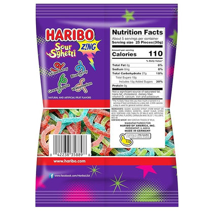 HARIBO Gummi Candy, Z!NG Sour S’ghetti, Sour Gummy Candy, 5 Ounce Bag (Pack of 12) Delicious Soft & Chewy Snacks, Assorted Fruity Flavors