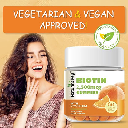 Nature's Key Biotin Gummies with Vitamin C and E, Support Hair Nails Growth & Beautiful Skin for Women Men and Kids, Vegan, Orange Flavors 60 Count