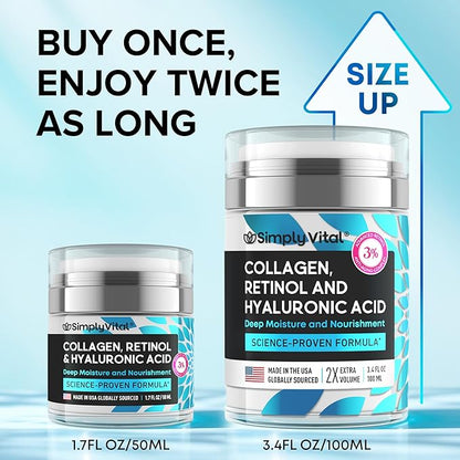 Anti-Aging Face Moisturizer with Retinol, Collagen & Hyaluronic Acid - Made in USA - Moisturizer Face Cream for Women & Men - Firming & Hydrating Neck Cream - Day & Night Skin Care - 3.38 fl oz