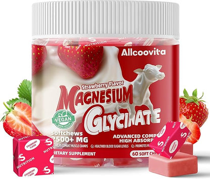 Magnesium Glycinate Soft Chews, Strawberry Flavor.Chewable Sugar Free Potassium Magnesium Chews with Magnesium Glycinate, Vitamin D, B6, and CoQ10 for Calm Support & Sleep for Adults, 60 Days Supply