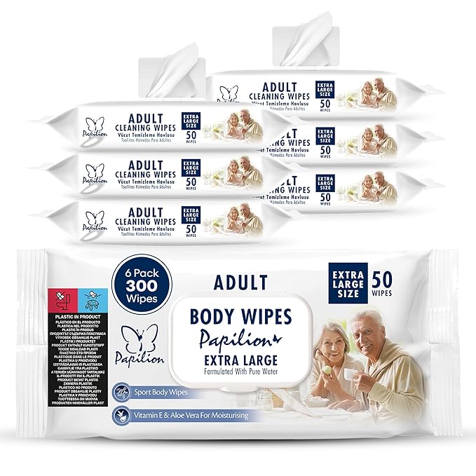PAPILION Adult Body Cleaning Wipes, Extra Large Washcloths with Aloe Vera & Vitamin E, No-Rinse Cleansing for Senior Care, Bed Bath, Travel, Incontinence Care, Flip-Top Pack, 50 PCS x 6 Pack