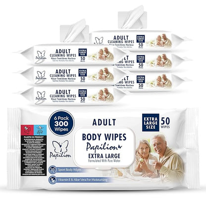 PAPILION Adult Body Cleaning Wipes, Extra Large Washcloths with Aloe Vera & Vitamin E, No-Rinse Cleansing for Senior Care, Bed Bath, Travel, Incontinence Care, Flip-Top Pack, 50 PCS x 6 Pack