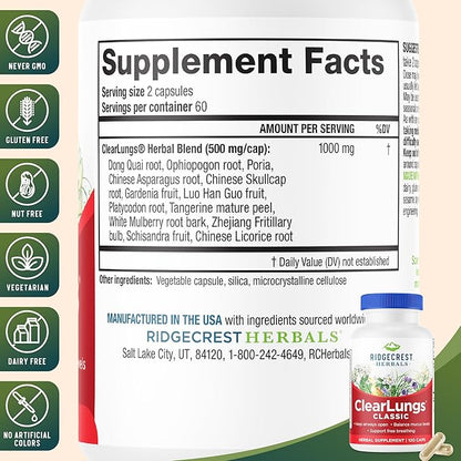 RidgeCrest Herbals ClearLungs Classic, Daily Health Supplement, Natural Lung and Nasal Wellness Formula for Bronchial, Respiratory, Immune, Sinus, and Mucus Support (120 Vegan Caps, 60 Serv)
