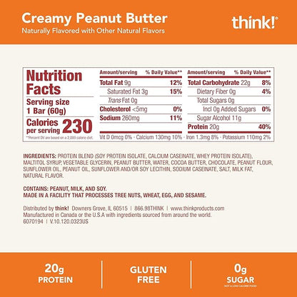 think! Protein Bars, High Protein Snacks, Gluten Free, Kosher Friendly, Creamy Peanut Butter, Nutrition Bars, 2.1 Oz per Bar, 30 Count (Packaging May Vary)