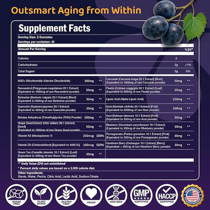 NAD+ Complex Gummies (90 Ct, 45 Servings), Resveratrol, 500mg of TMG, Quercetin, Curcumin, Berberine & Antioxidants | Advanced Plant-Based Formula for Daily Cellular Balance & Longevity Nutrition