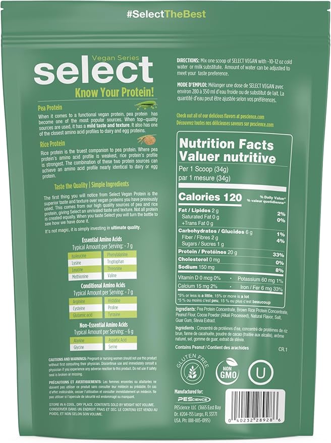 PEScience Select Vegan Protein Powder, Plant Based Protein Powder, Amazing Taste, Smooth Texture, Pea and Brown Rice Blend, Dairy Free, Lactose Free, Gluten Free - Chocolate Peanut Butter, 5 Servings
