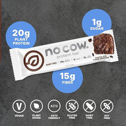 No Cow Vegan Protein Bars, Upgraded Chocolate Fudge Brownie | 20g Plant Based Protein, Gluten Free, Dairy Free, Soy Free, Keto Friendly, Low Sugar, High Fiber Snack Bars | Pack of 12
