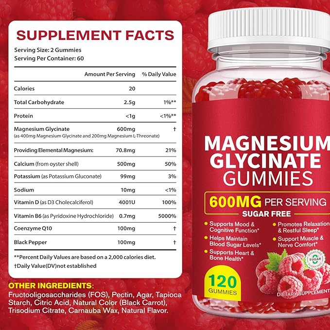 Magnesium Glycinate Gummies (Raspberry) 600mg, Sugar Free with Magnesium L-Threonate, Calcium, Potassium, Vitamin D3, B6 & CoQ10, High Absorption Support for Relaxation,Muscles & Energy, 120 Count