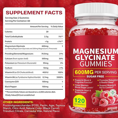 Magnesium Glycinate Gummies (Raspberry) 600mg, Sugar Free with Magnesium L-Threonate, Calcium, Potassium, Vitamin D3, B6 & CoQ10, High Absorption Support for Relaxation,Muscles & Energy, 120 Count