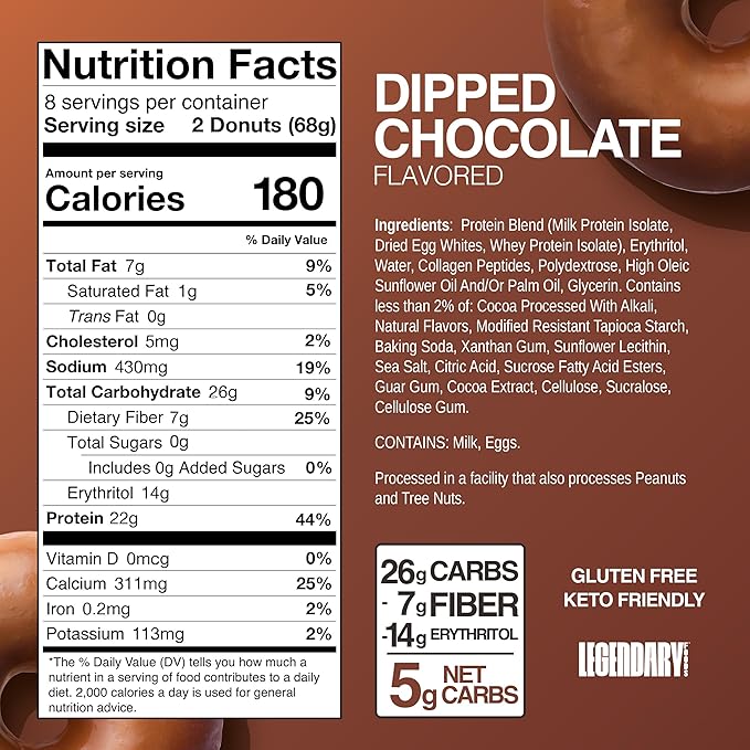 Legendary Foods Protein Donuts - 22g Protein, Dipped Chocolate, Zero Sugar Snack, Gluten Conscious, Low Carb, Keto Suitable, Diabetic and GLP-1 Diets - 8 Pack with Two Donuts per pack