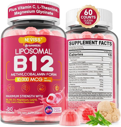 Methyl B12 Gummies 5000 mcg 10000 mcg w/L-Methylfolate, B6, D3 Vitamin C, Lion's Mane Mushroom, L-Theanine, CoQ10, Extra Strength Vitamin B12 Gummies Supplement - Energy, Focus, Brain & Immunity 1Pack