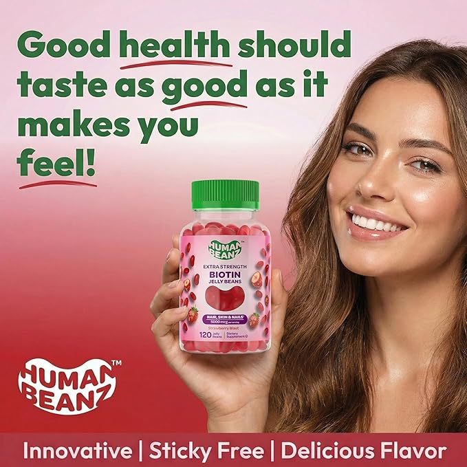 Biotin Jelly Bean Gummy Vitamins, Extra Strength Biotin for Hair, Skin and Nails, 5000mcg per Serving, Hair Growth Vitamins for Men and Women, 120 Strawberry Blast Jelly Beans, Kosher