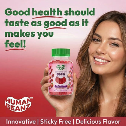 Biotin Jelly Bean Gummy Vitamins, Extra Strength Biotin for Hair, Skin and Nails, 5000mcg per Serving, Hair Growth Vitamins for Men and Women, 120 Strawberry Blast Jelly Beans, Kosher