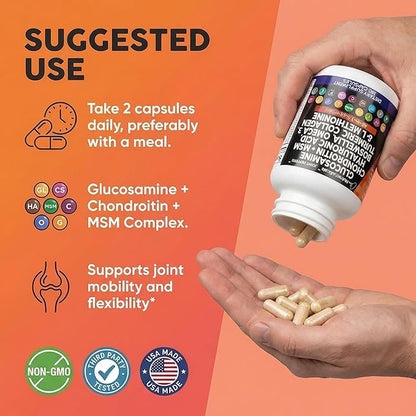 Clean Nutraceuticals Glucosamine 1500mg Chondroitin 1200mg MSM with Turmeric Curcumin, Collagen, Hyaluronic Acid, Omega 3 – Joint Health Supplement for Men & Women – Joint Complex – 120 Count