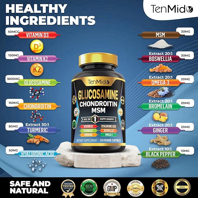 Glucosamine Chondroitin MSM Supplement - 12in1 Formula - Combine with Turmeric, Hyaluronic Acid, Boswellia, Omega-3, Bromelain, Ginger, and More - Joint Health Support - 150 Capsules