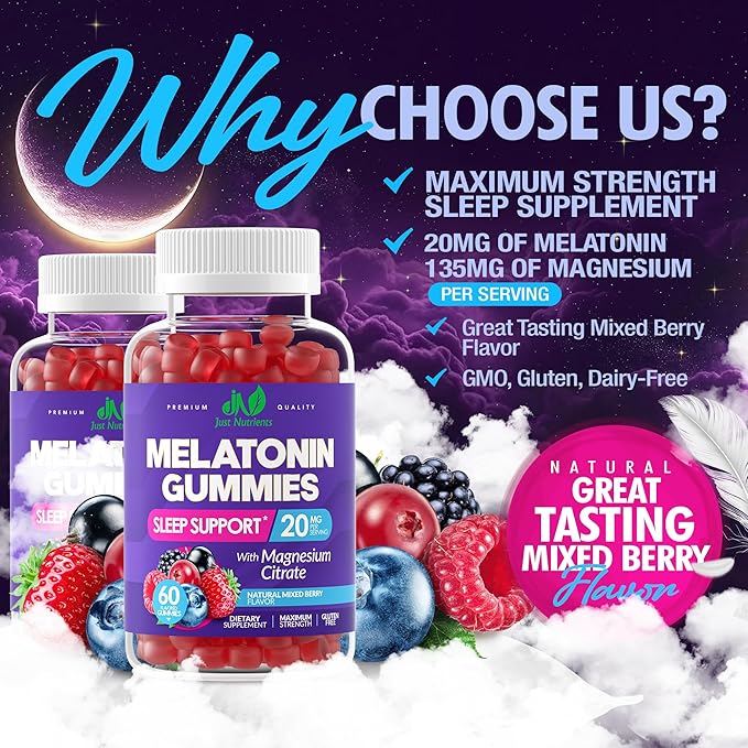 Melatonin 20mg Gummies with Magnesium Citrate - Maximum Strength Sleep Aid for Adults with 10mg of Melatonin Per Gummy - Gluten-Free, Non-GMO, Vegetarian, Mixed Berry Flavor - 60 Gummies
