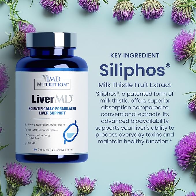 1MD LiverMD - Liver Support Supplement | Siliphos Milk Thistle Extract - Highly Bioavailable, for Liver Support | 60 Capsules (2-Pack)